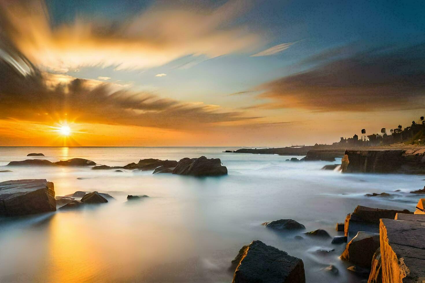 the sun rises over the ocean and rocks in the foreground. AI-Generated photo