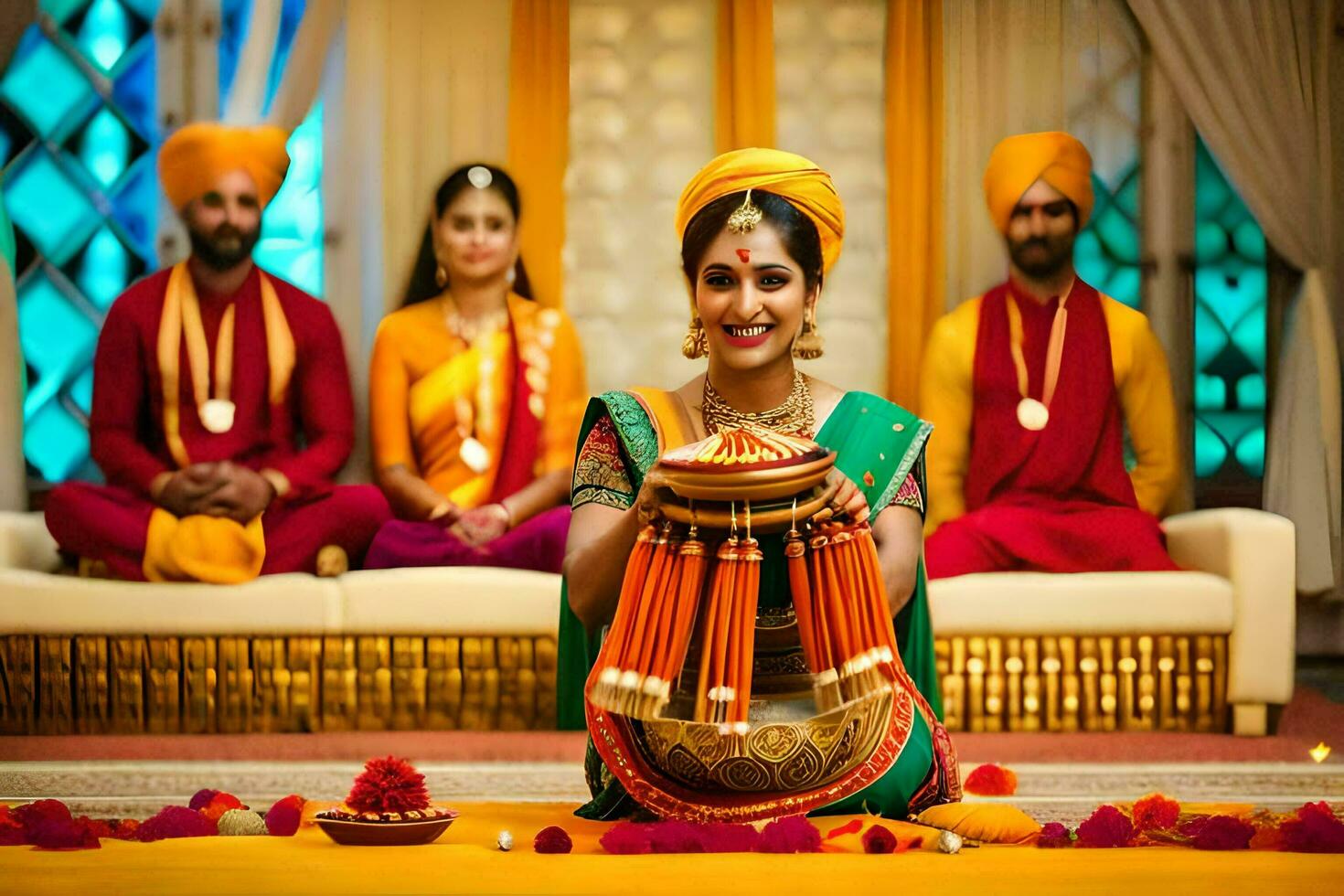 a woman in traditional indian attire sits on the floor with her family. AI-Generated photo