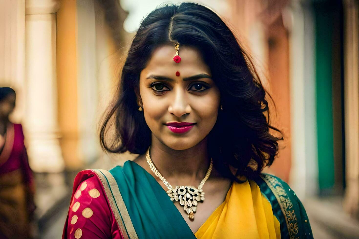 a woman in a colorful sari with a gold necklace. AI-Generated photo