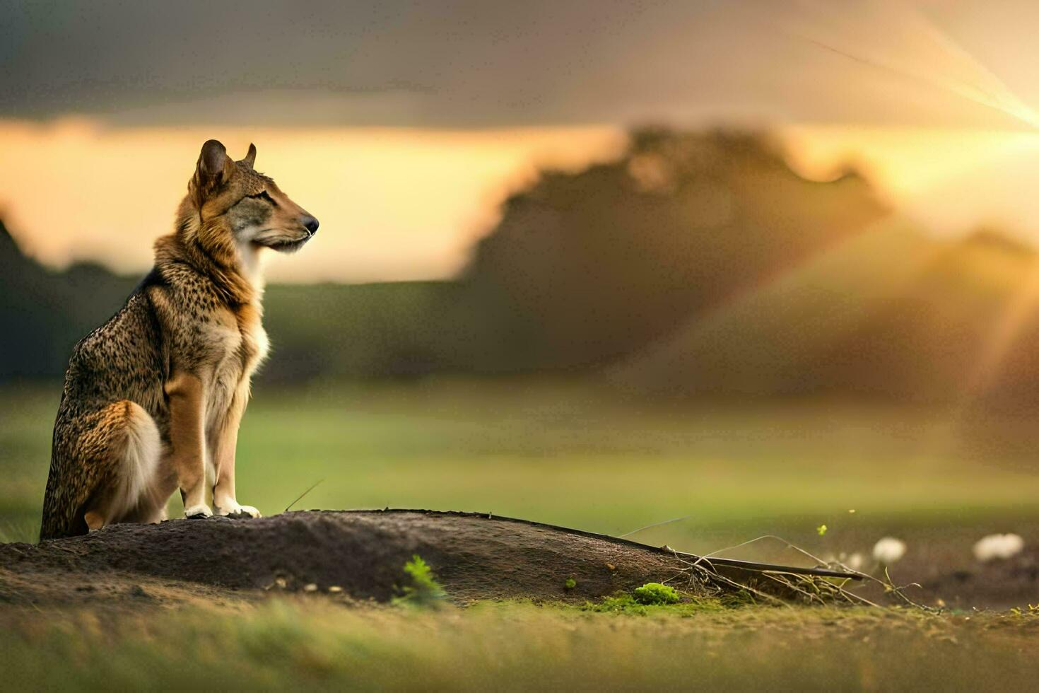a wolf sitting on a rock in the middle of a field. AI-Generated photo
