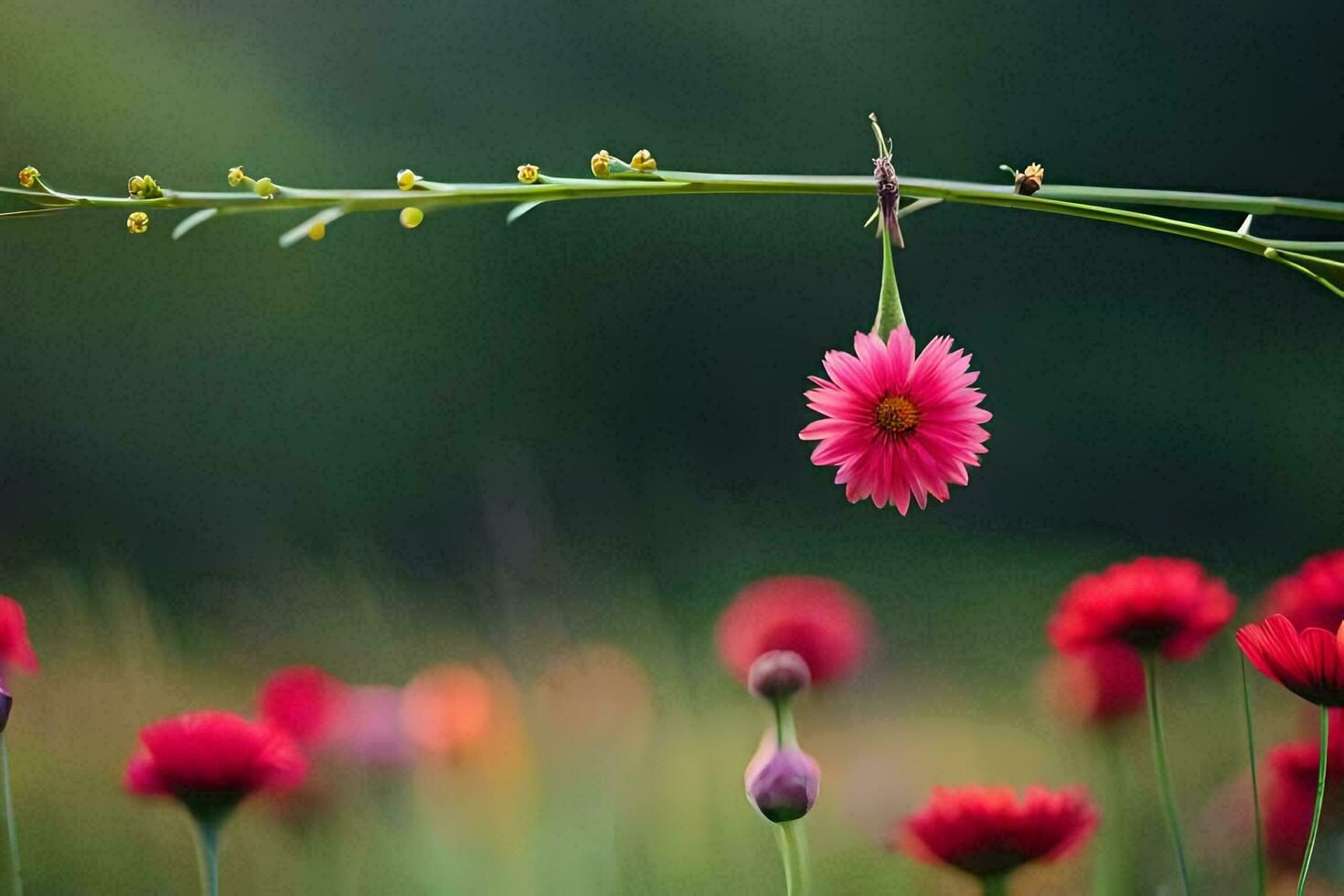a flower hanging from a vine in a field. AI-Generated photo