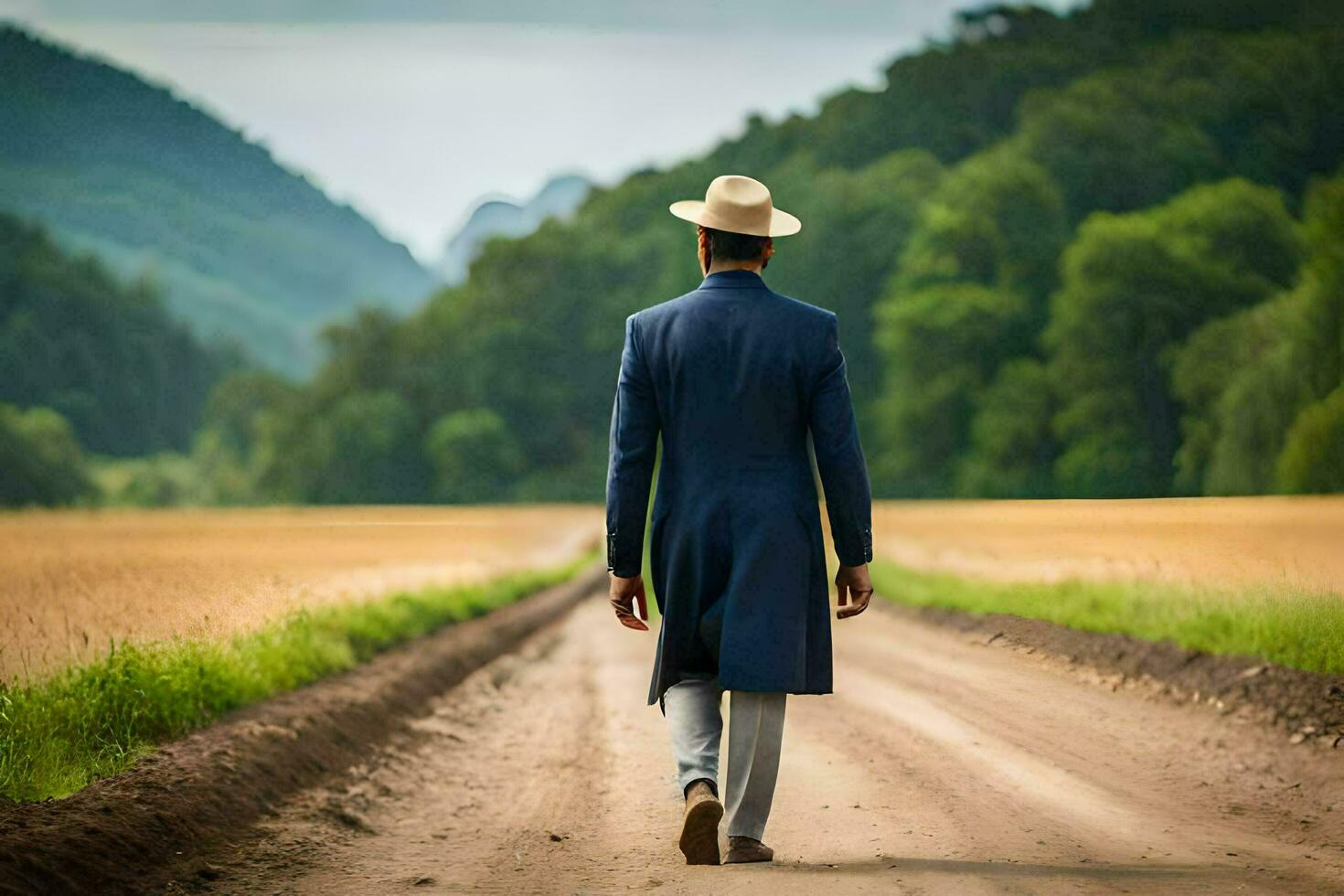 hombre en un traje y sombrero caminando abajo un suciedad la carretera. generado por ai foto