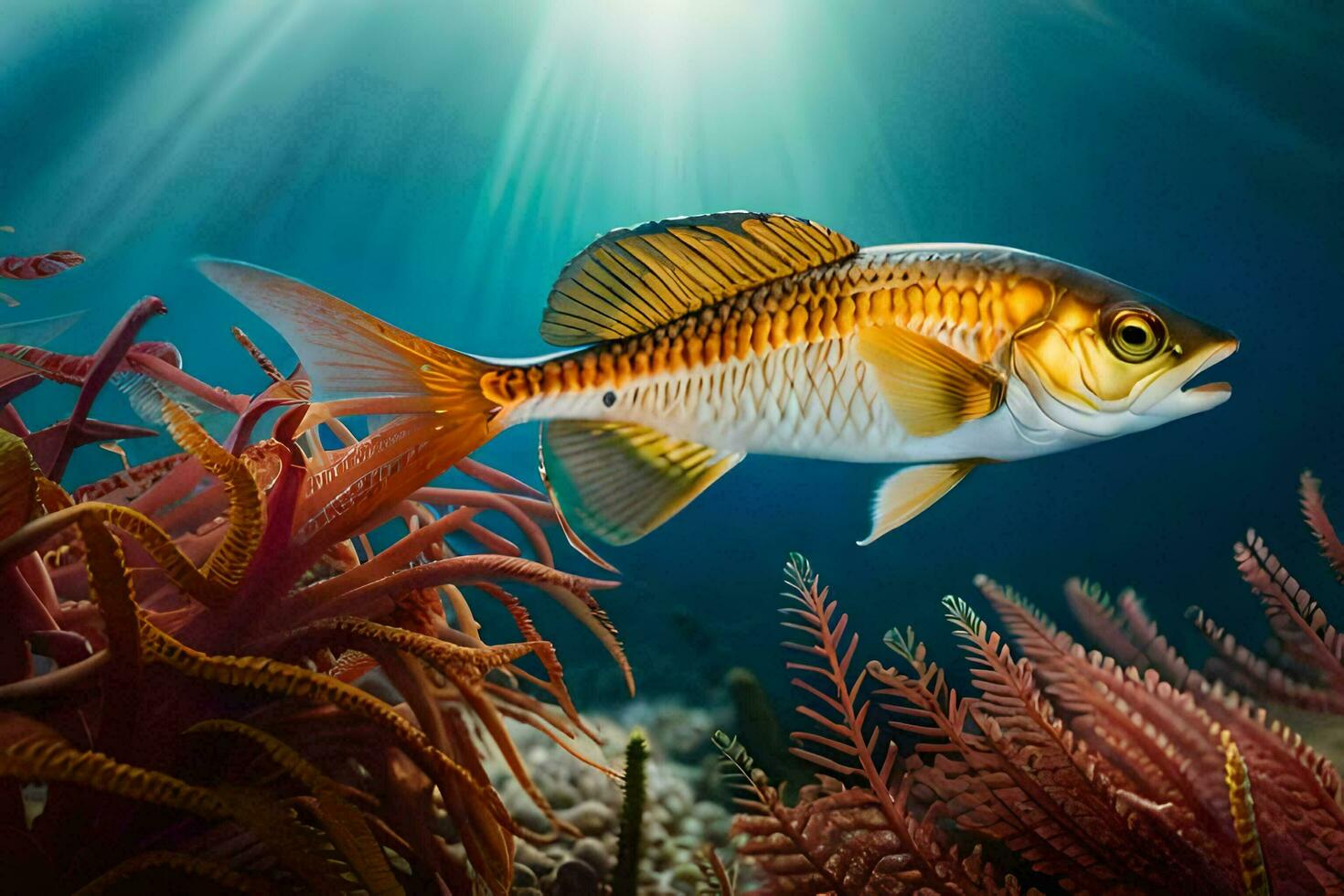 a fish swimming in the ocean with coral and seaweed. AI-Generated photo