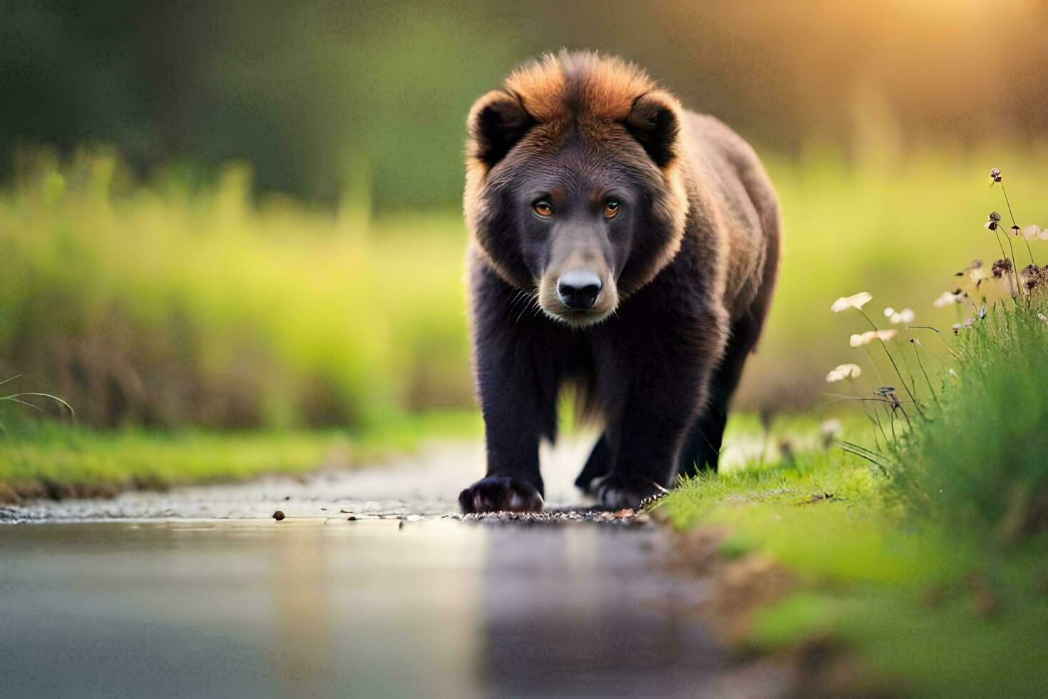 un marrón oso caminando a lo largo un camino en el césped. generado por ai foto