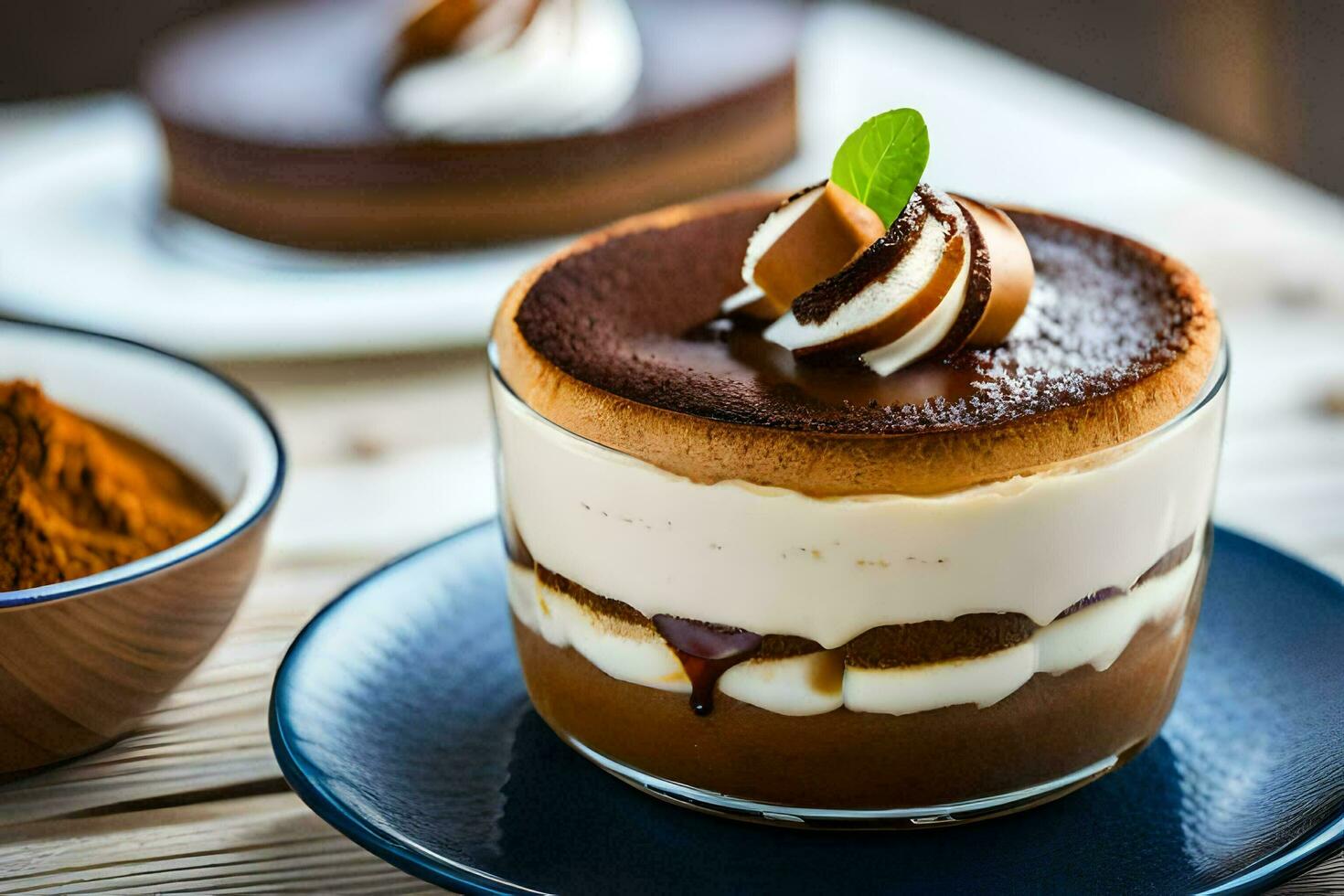 a dessert with chocolate and whipped cream. AI-Generated photo