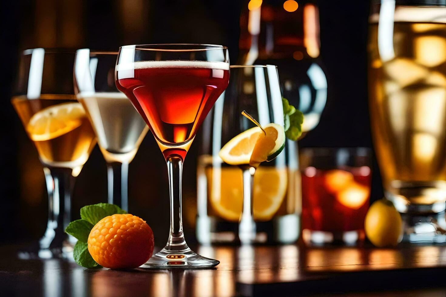 various alcoholic drinks are shown on a table. AI-Generated photo