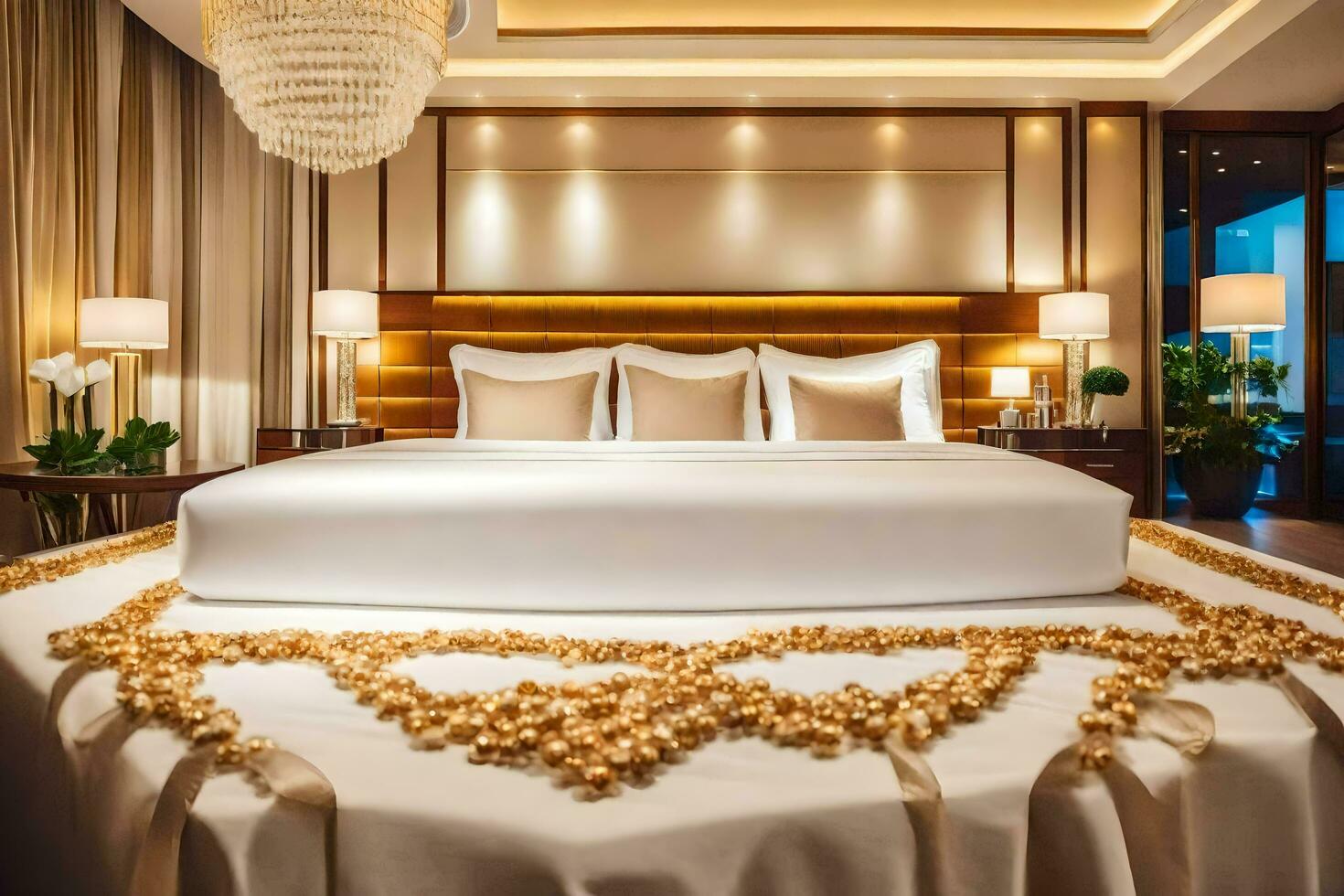 un cama o camas en un habitación a el ritz Carlton Beijing. generado por ai foto