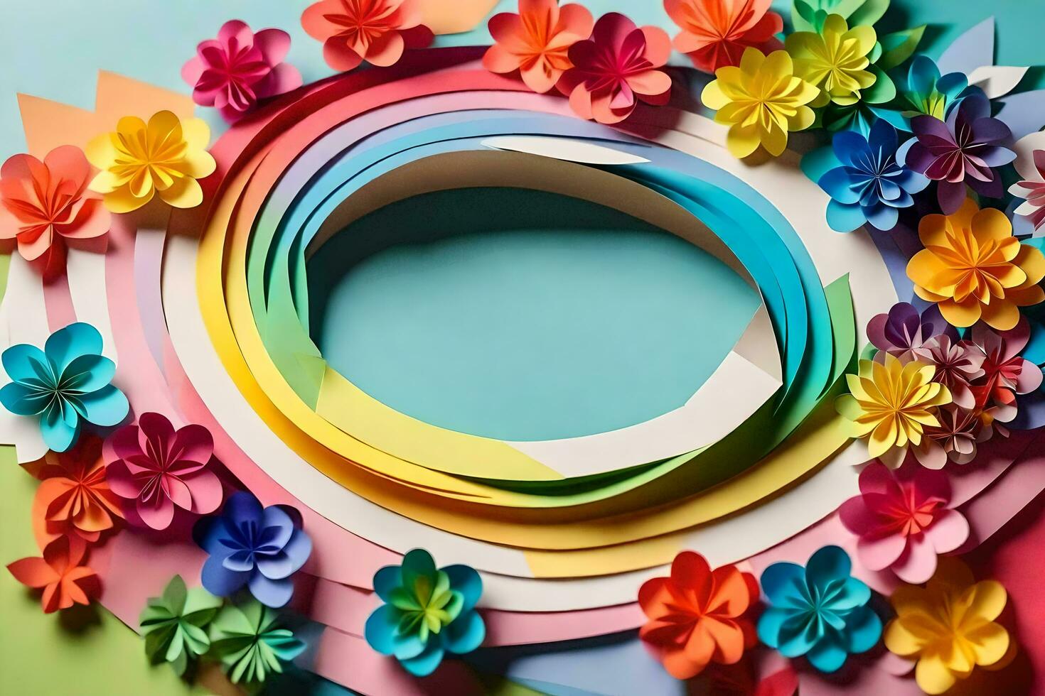 colorful paper flowers arranged in a circle on a blue background. AI-Generated photo