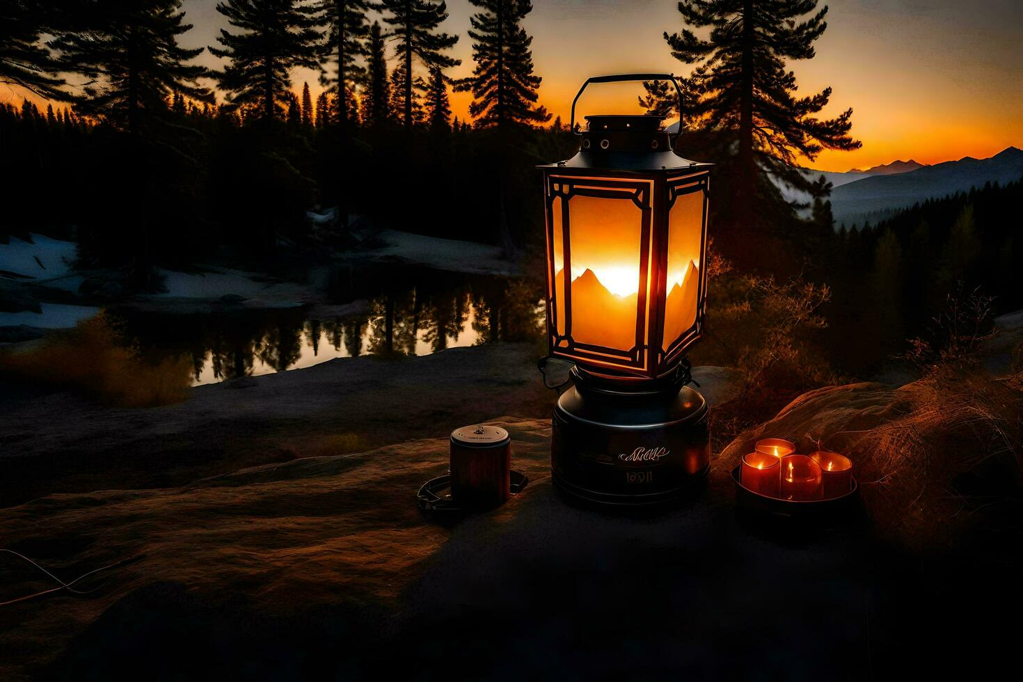 a lantern is lit on a rock by a lake. AI-Generated photo