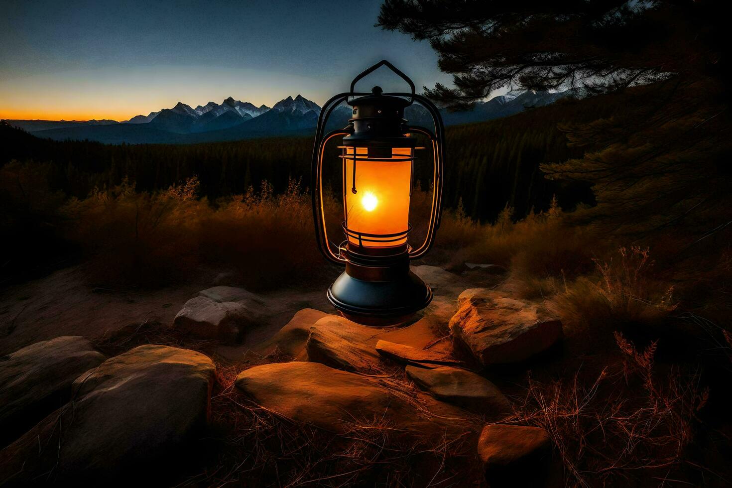 a lantern lit up in the dark on a rocky hillside. AI-Generated photo