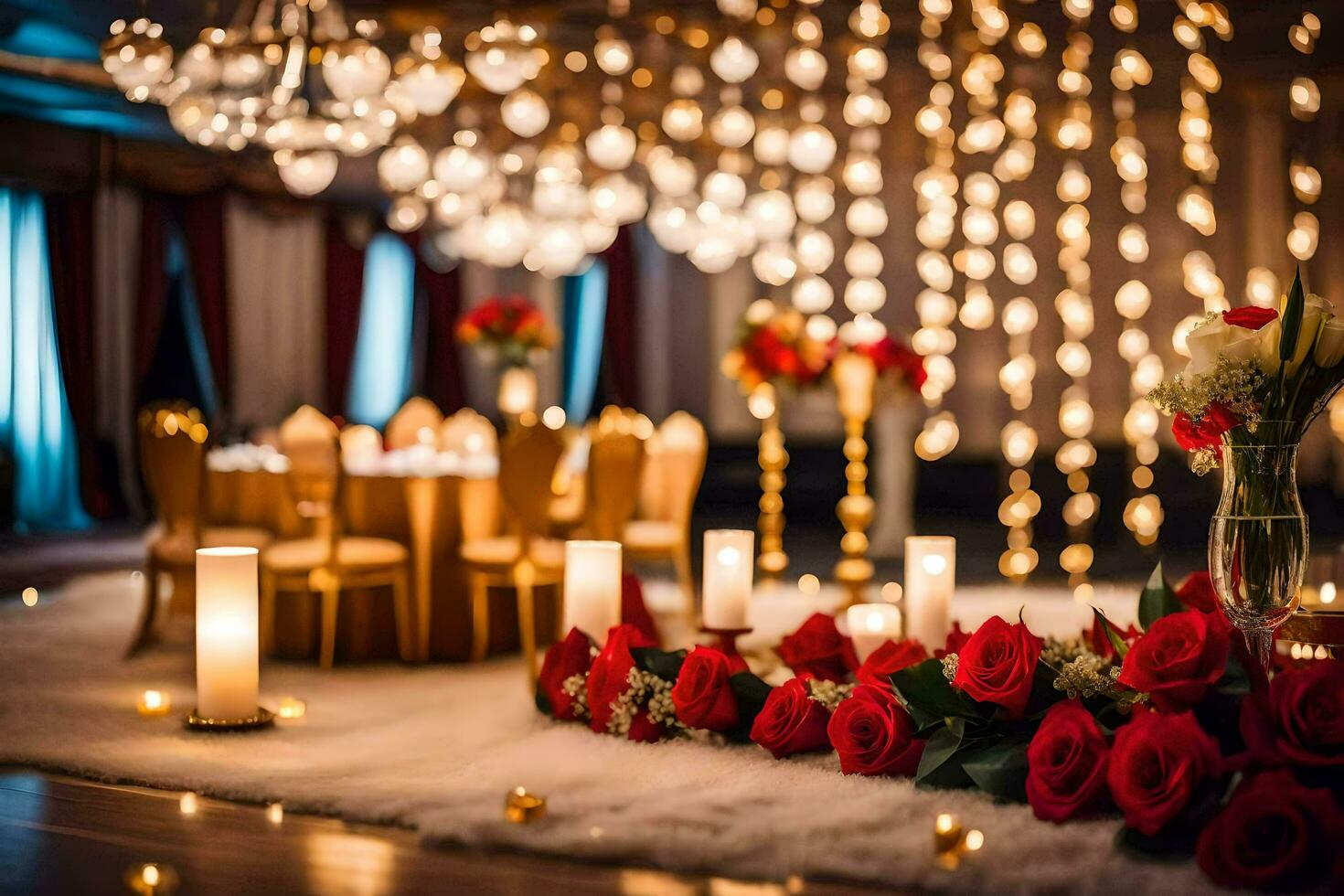 a wedding reception with red roses and candles. AI-Generated photo