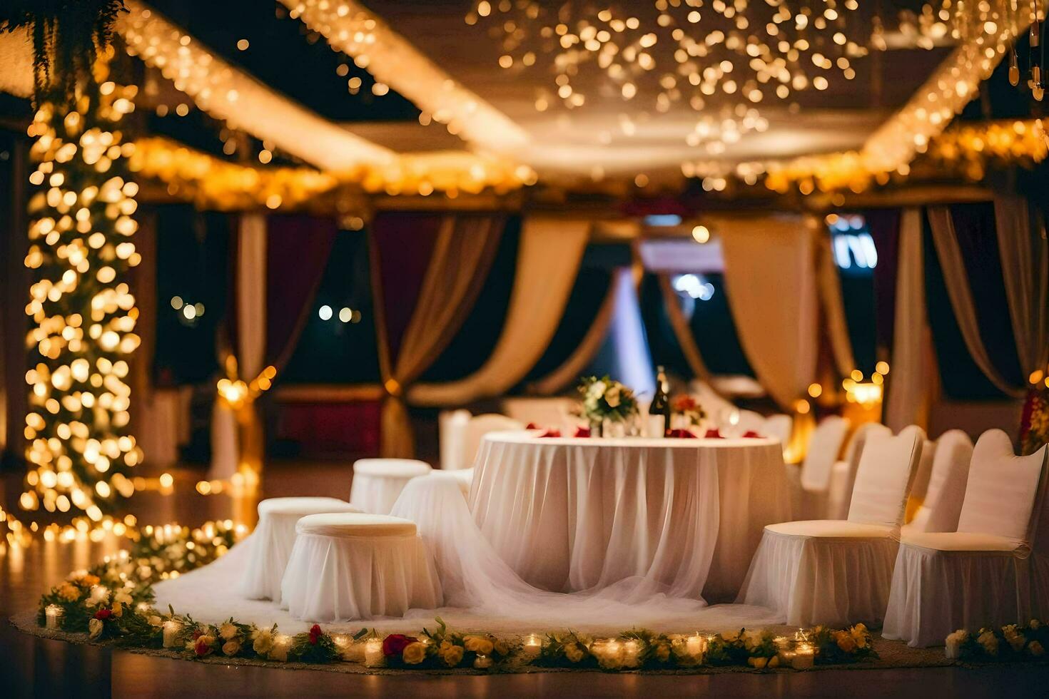 a wedding reception with white tablecloths and candles. AI-Generated photo