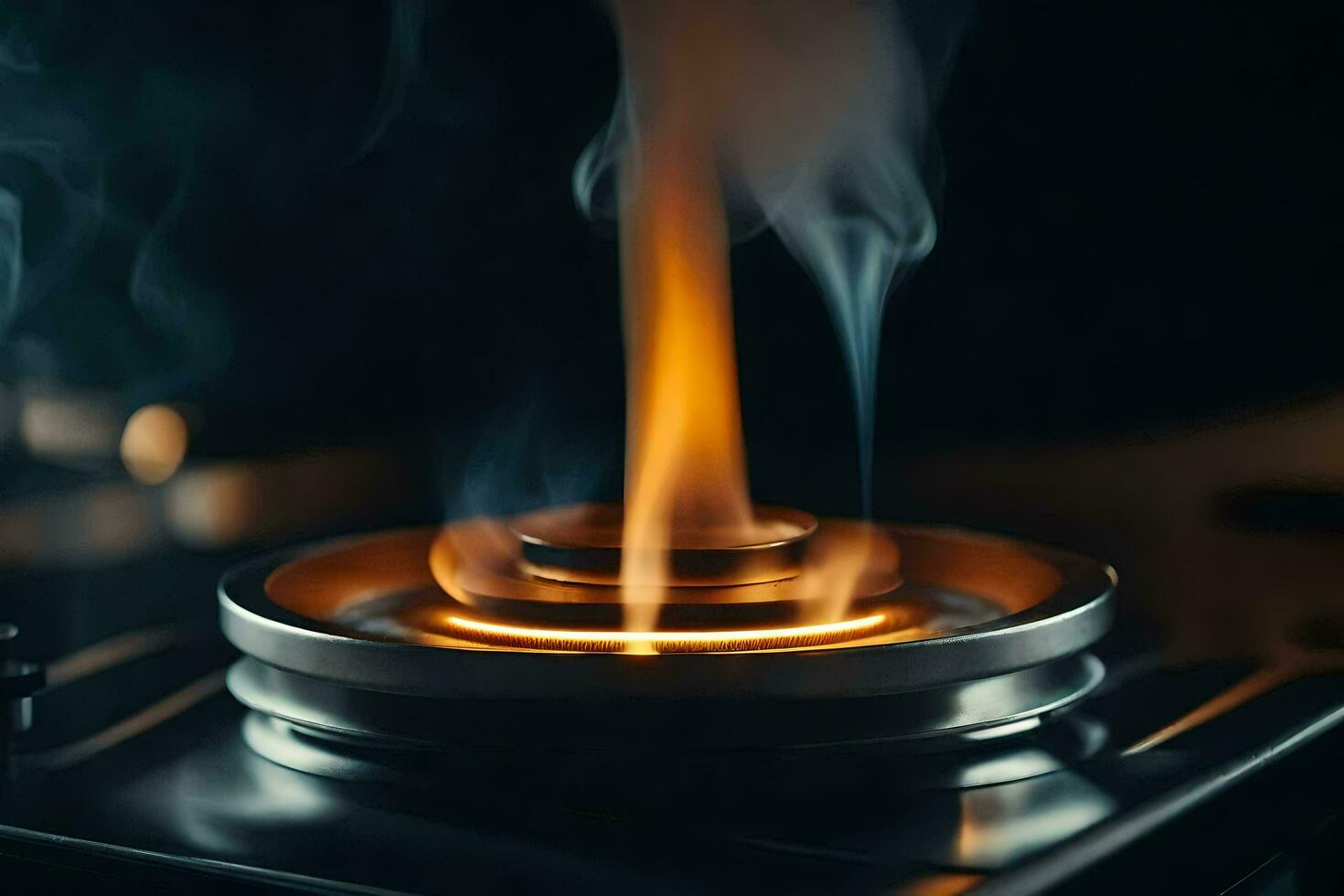 a close up of a gas stove with smoke coming out. AI-Generated photo