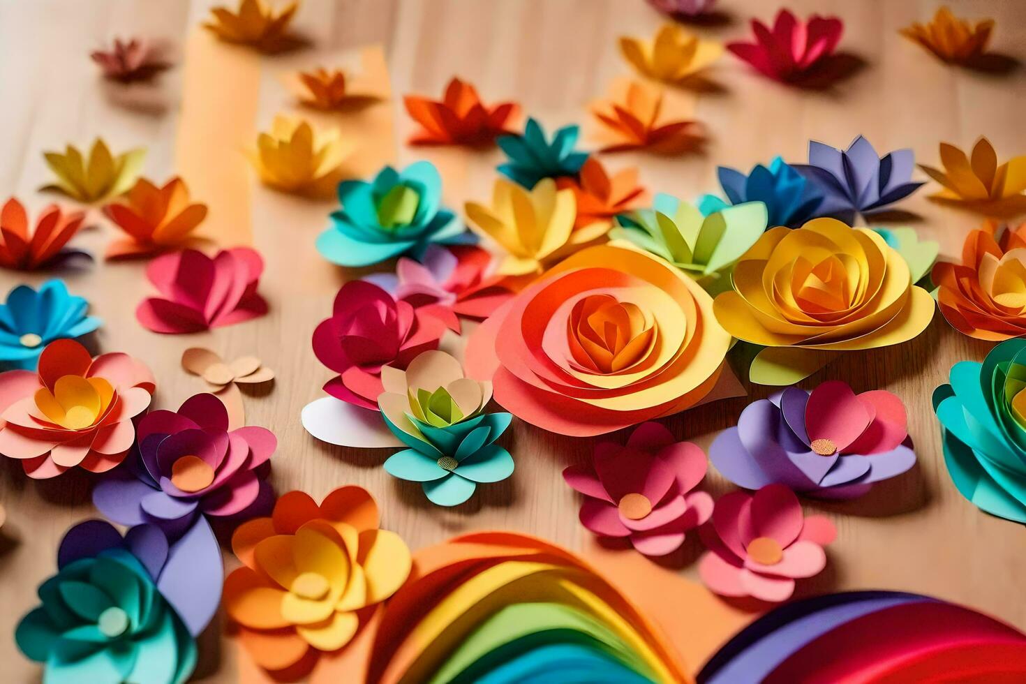 colorful paper flowers arranged on a table. AI-Generated photo