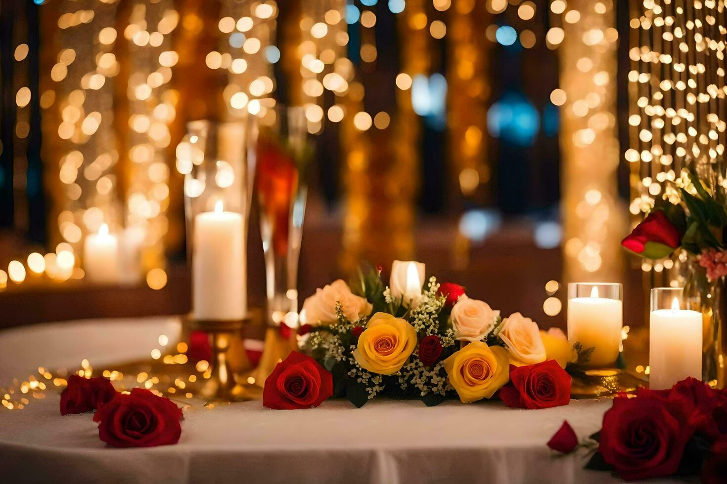 a table with candles and flowers in front of a string of lights. AI-Generated photo