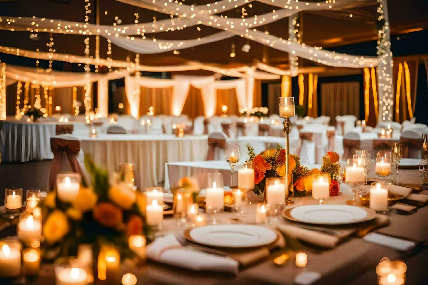 a wedding reception with candles and white linens. AI-Generated photo