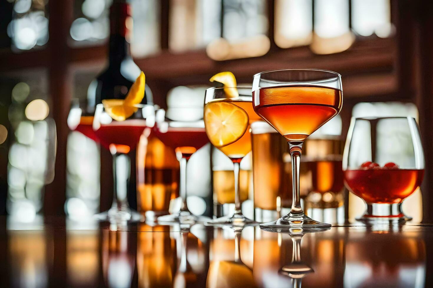 a row of glasses with different alcoholic drinks. AI-Generated photo