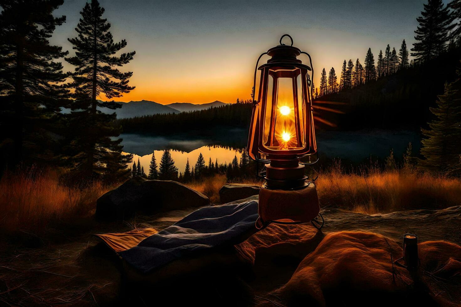un linterna es iluminado en el borde de un lago a puesta de sol. generado por ai foto