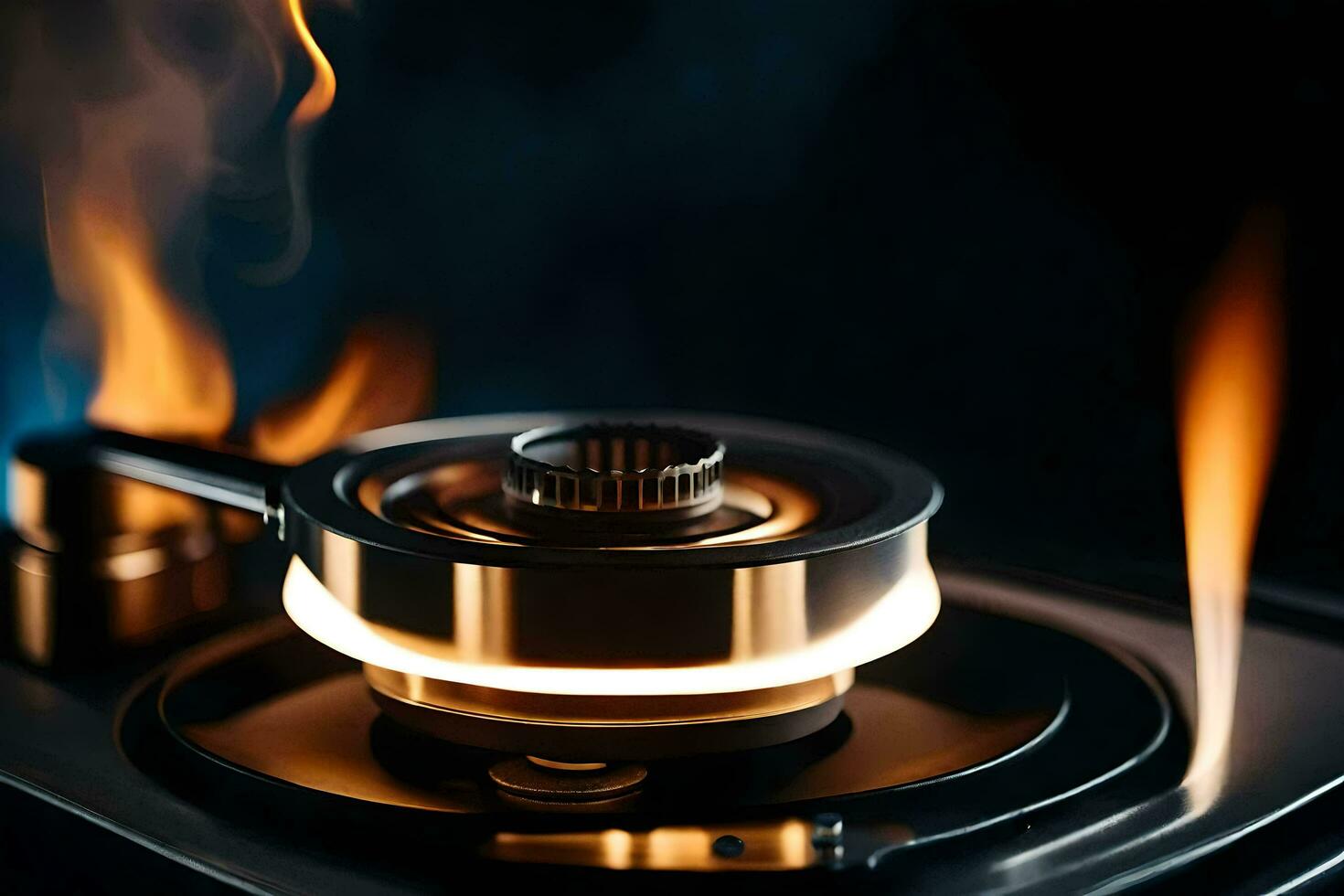 a close up of a turntable with flames. AI-Generated photo