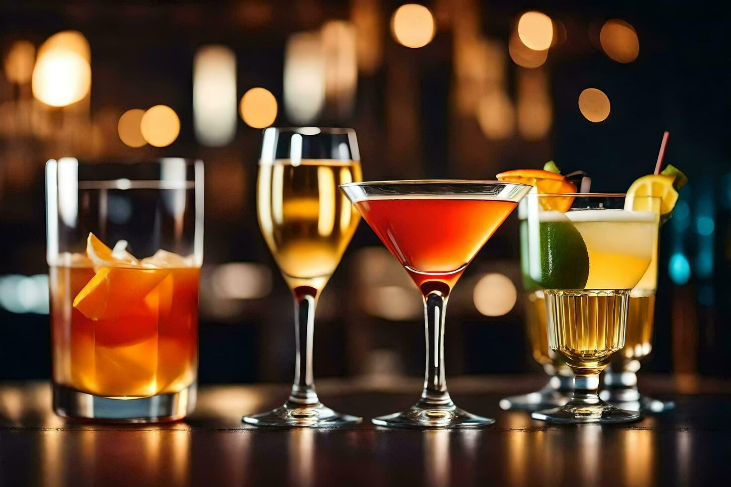 various alcoholic drinks on a bar counter. AI-Generated photo