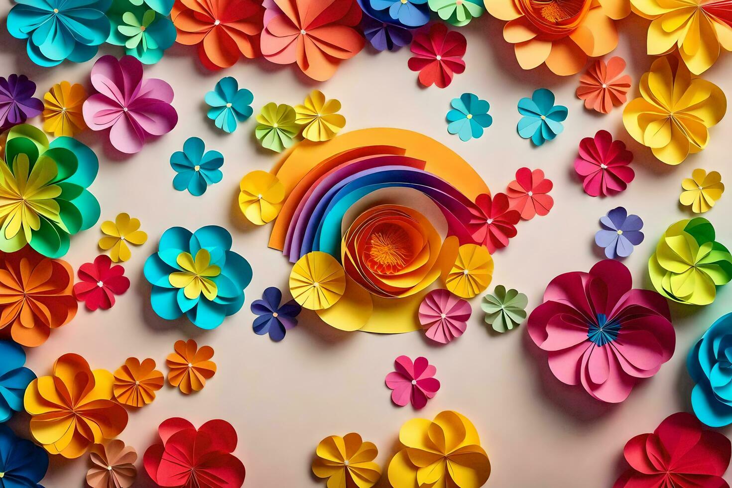 colorful paper flowers arranged in a rainbow pattern. AI-Generated photo