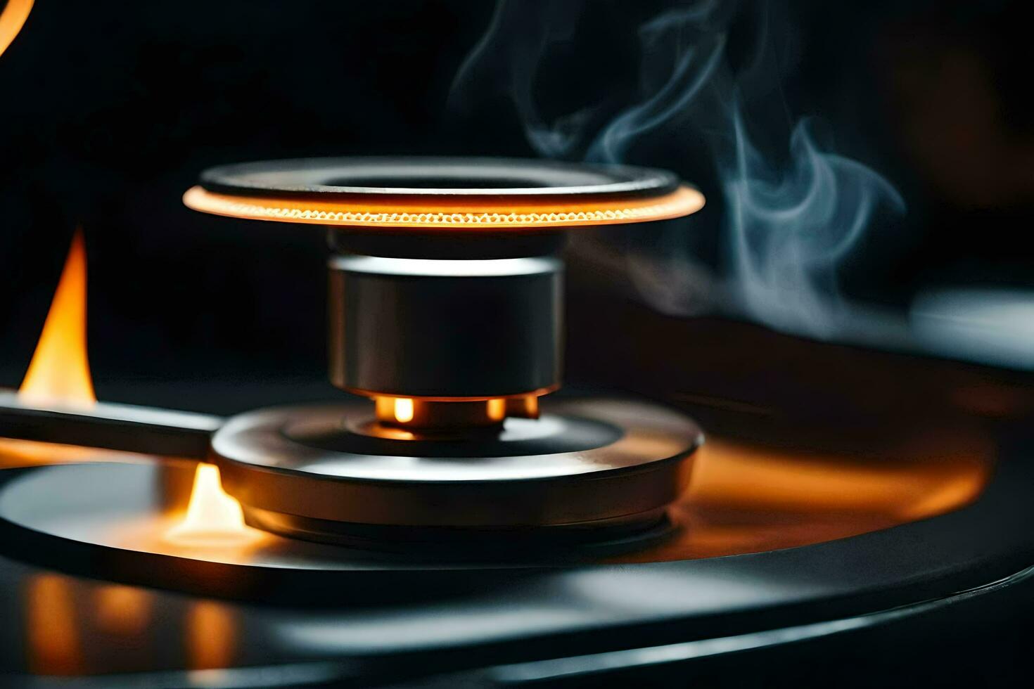 a close up of a gas burner with smoke coming out of it. AI-Generated photo