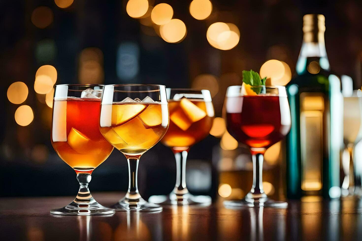 four glasses of different alcoholic drinks on a bar. AI-Generated photo