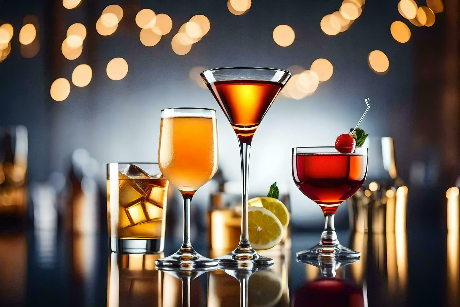 three different types of alcoholic drinks on a bar counter. AI-Generated photo