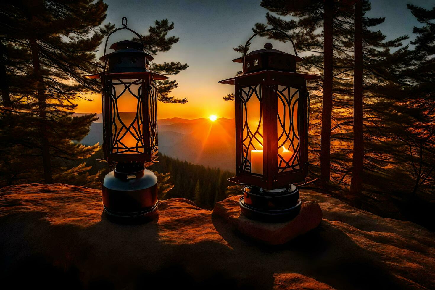 two lanterns on top of a mountain at sunset. AI-Generated photo