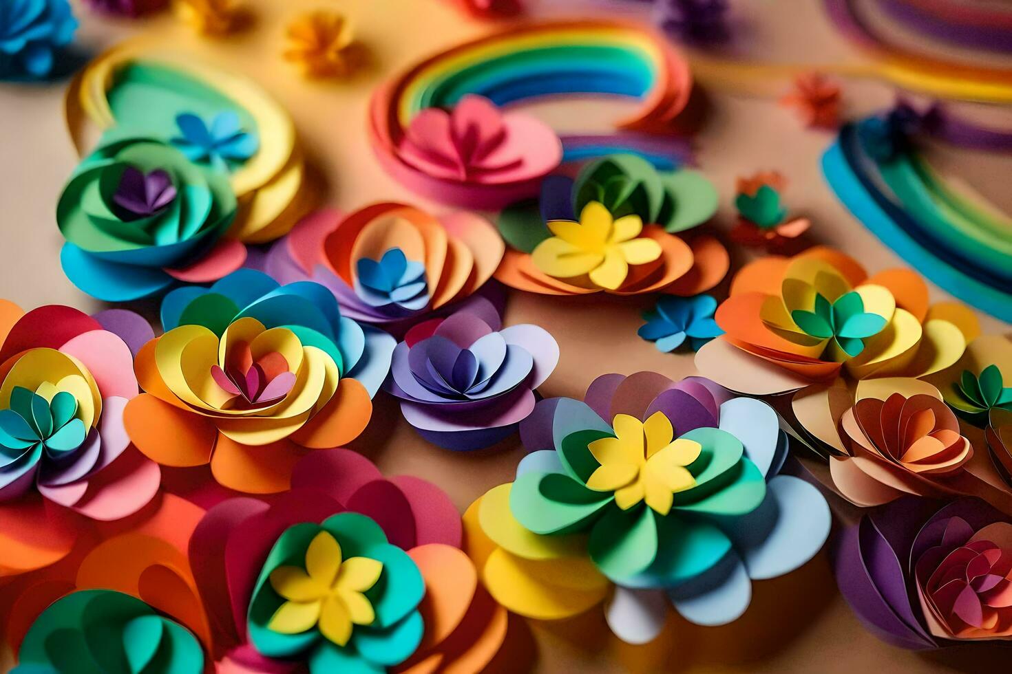 colorful paper flowers arranged on a table. AI-Generated photo