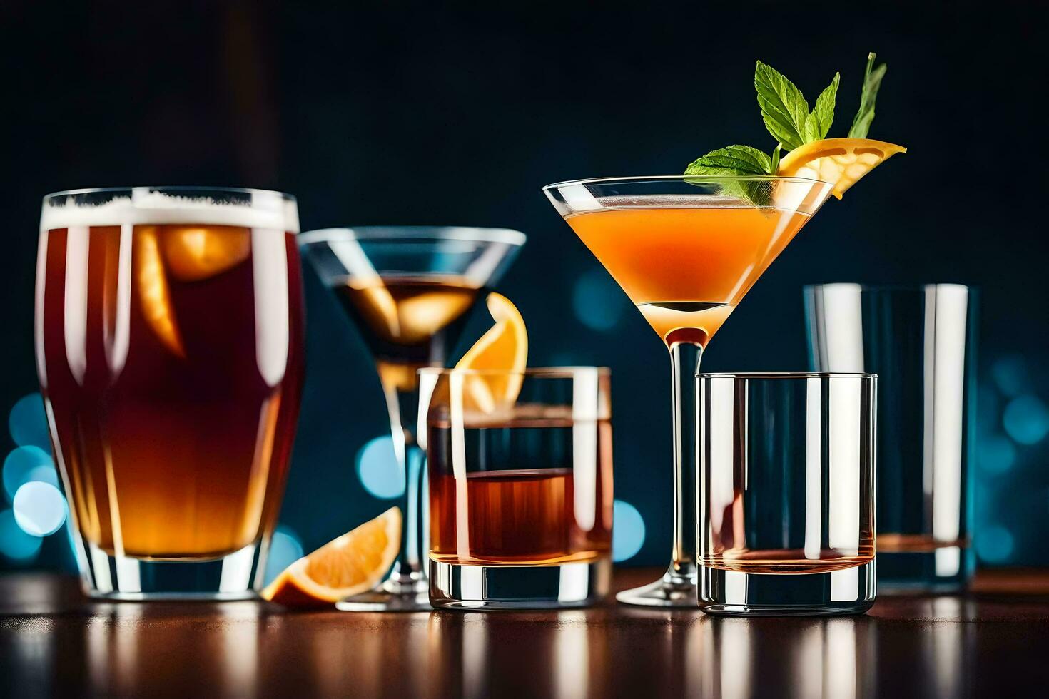 various alcoholic drinks on a table. AI-Generated photo
