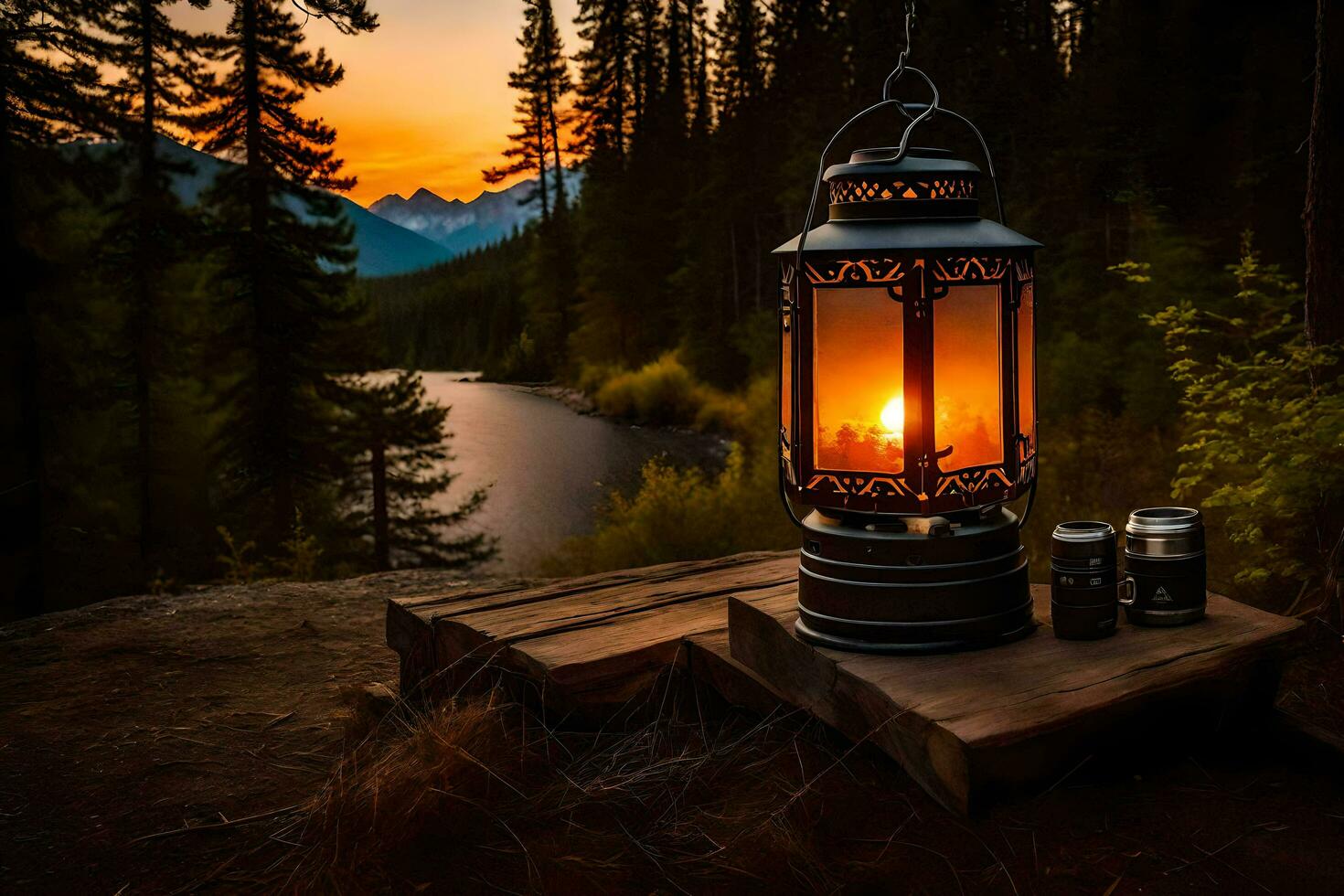 a lantern sits on a wooden table near a lake. AI-Generated photo