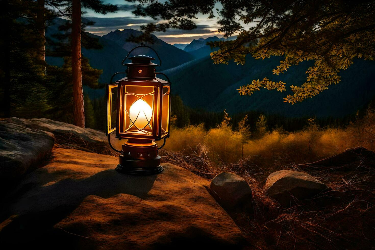 a lantern lit up in the dark on a rocky hillside. AI-Generated photo