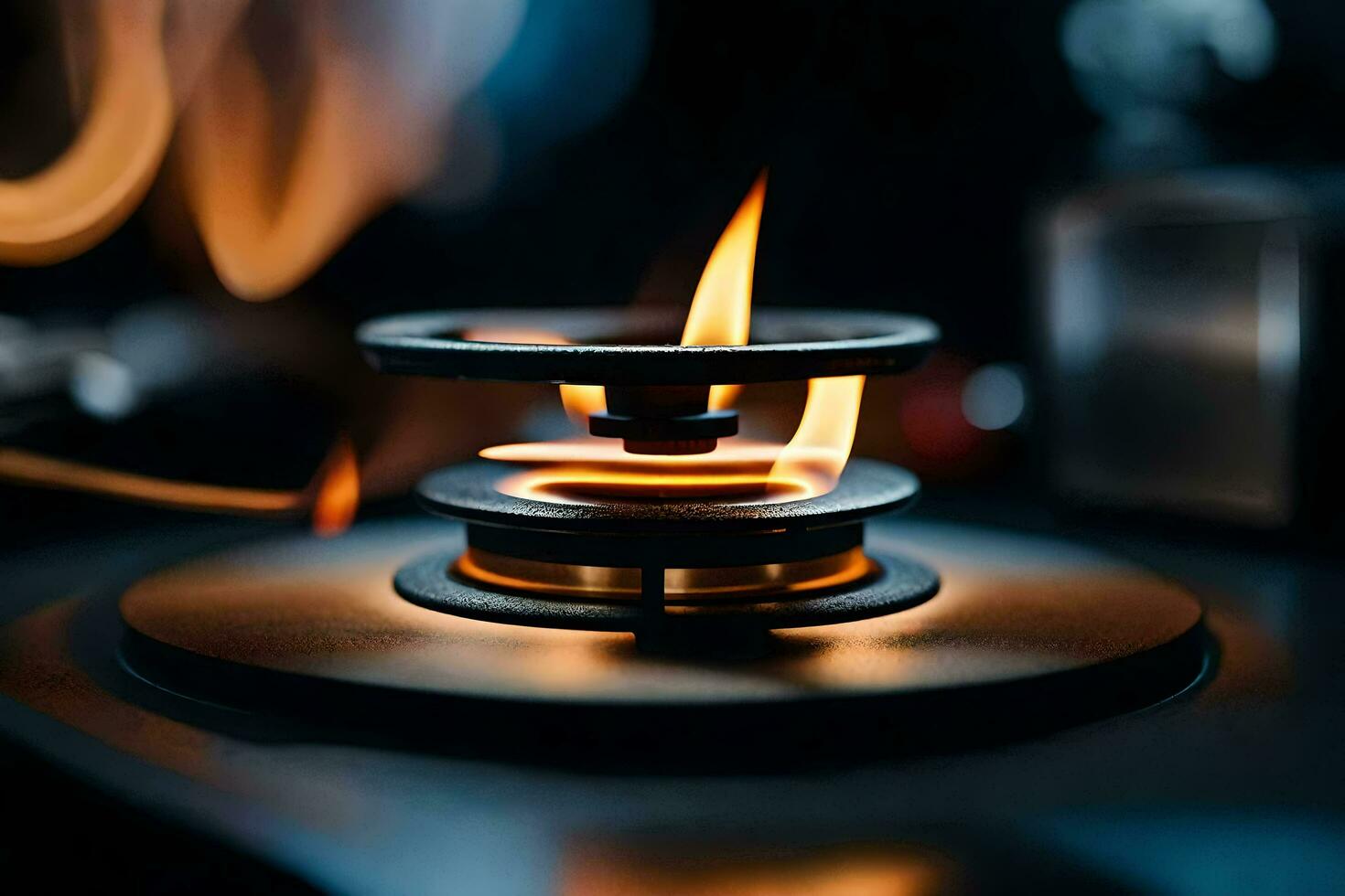 a close up of a burning candle on a stove. AI-Generated photo