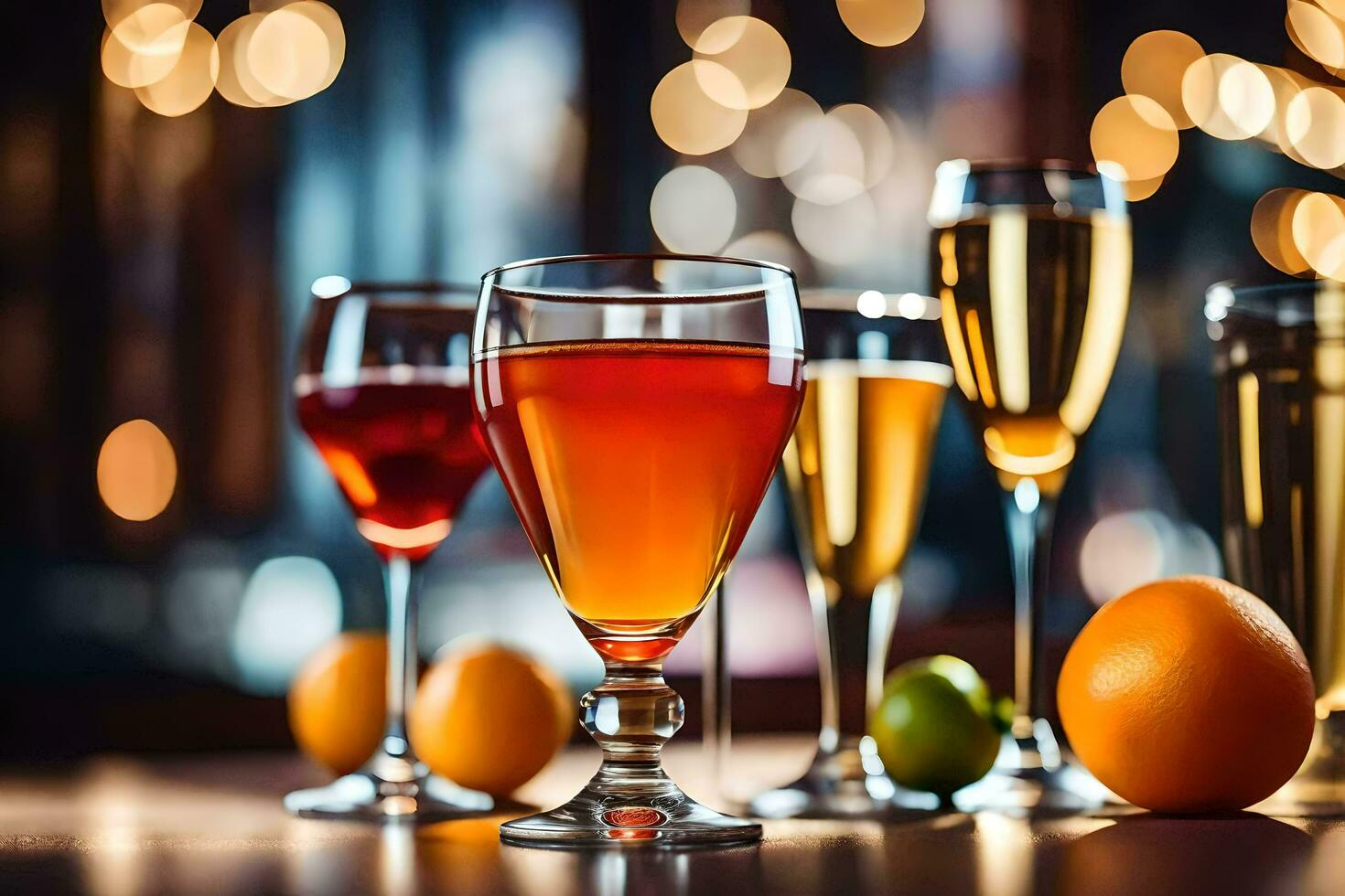 various glasses of wine and orange juice. AI-Generated photo
