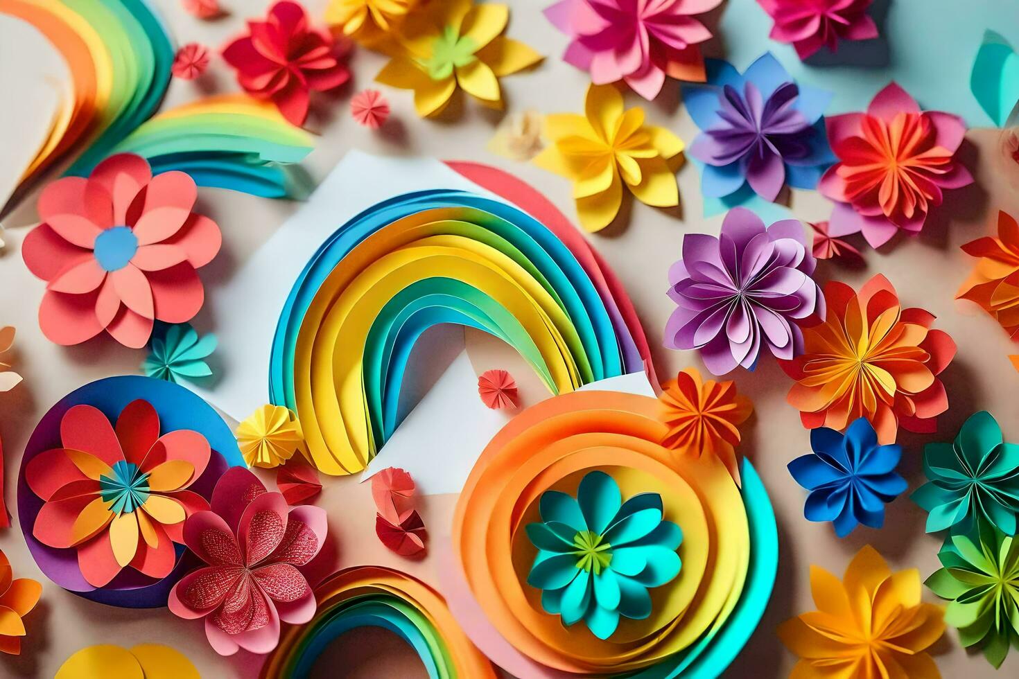 colorful paper flowers and a rainbow. AI-Generated photo