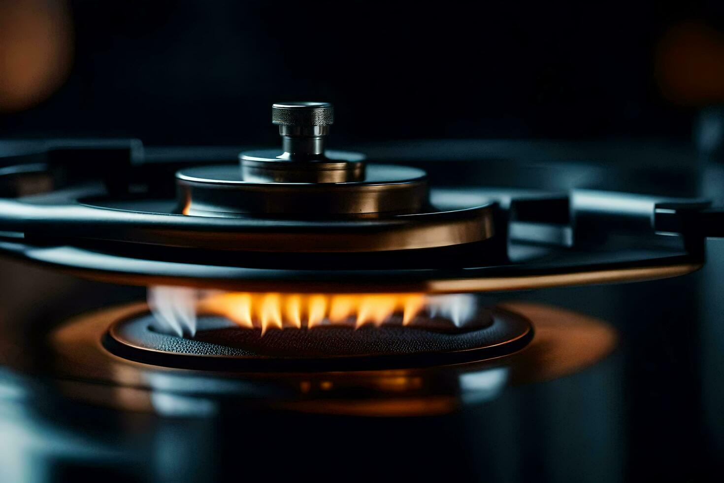 a close up of a gas burner on a stove. AI-Generated photo