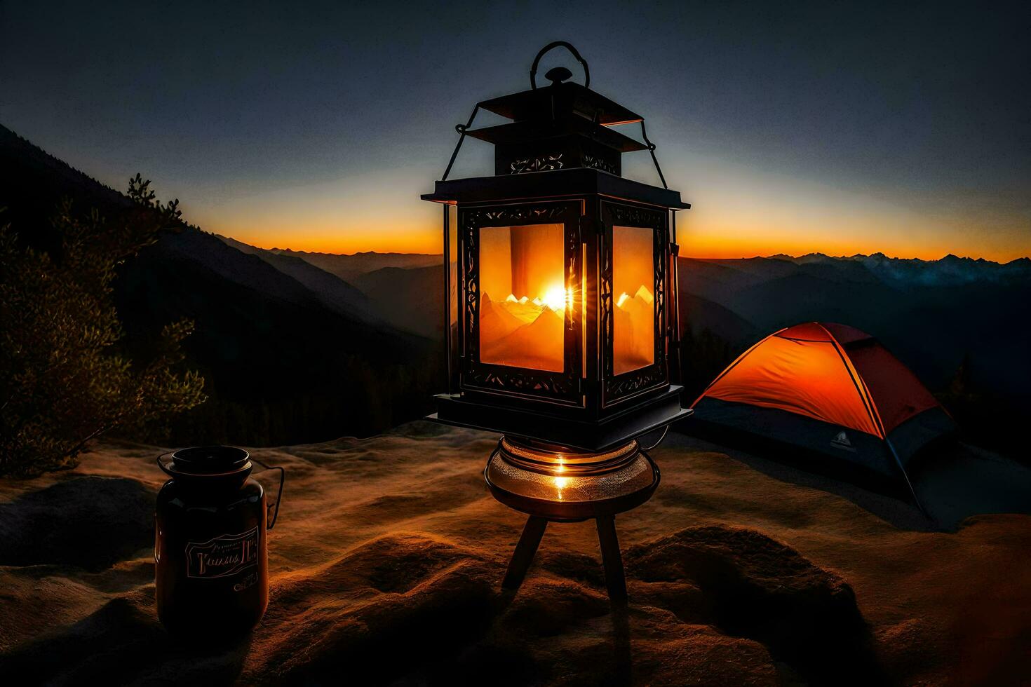 a lantern and a tent sit on top of a mountain at sunset. AI-Generated photo