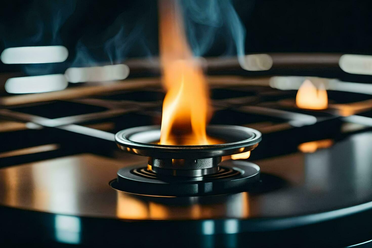 a close up of a gas stove with flames. AI-Generated photo