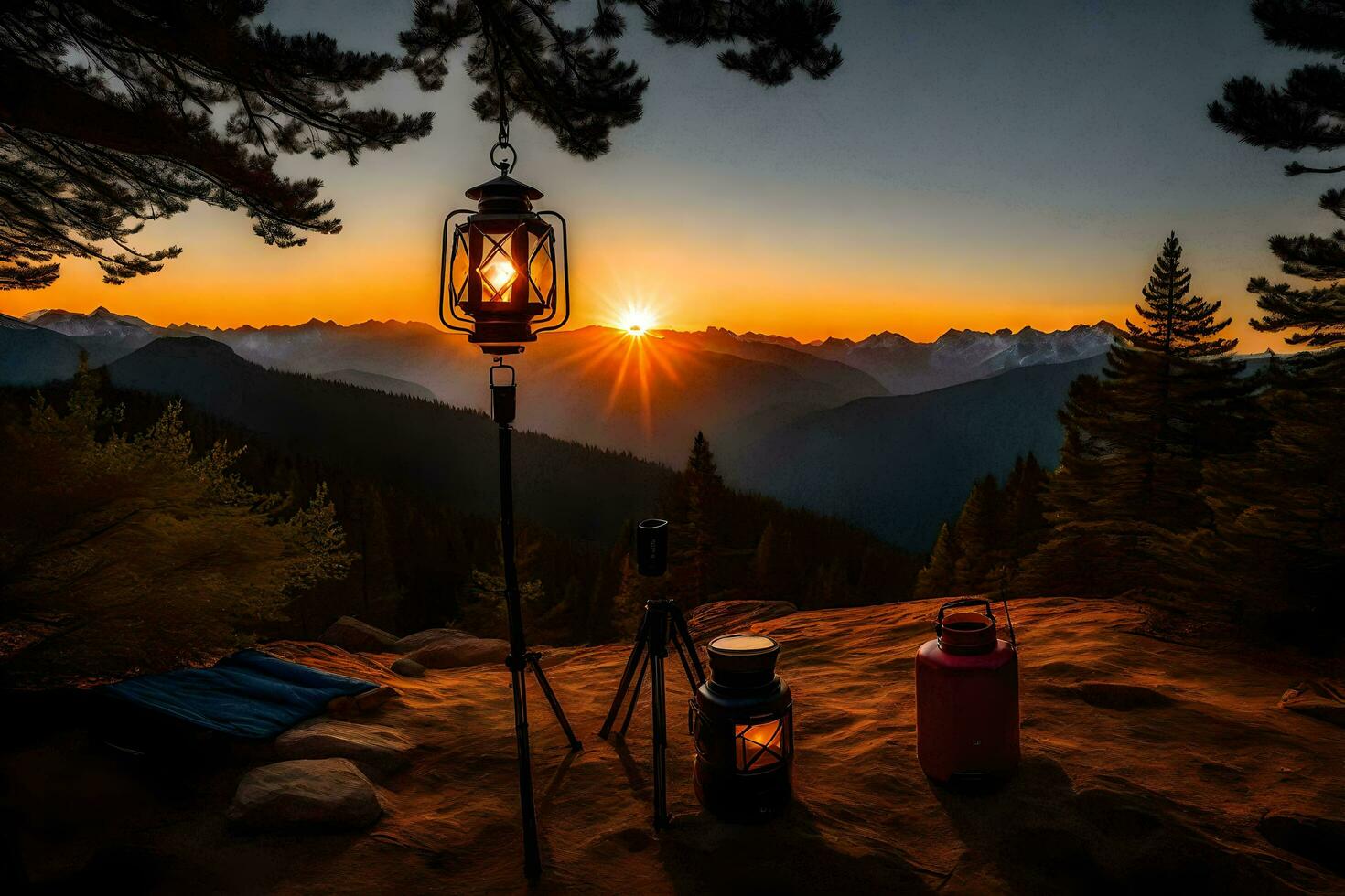 a lantern and two bottles sit on a rock in the middle of a mountain. AI-Generated photo