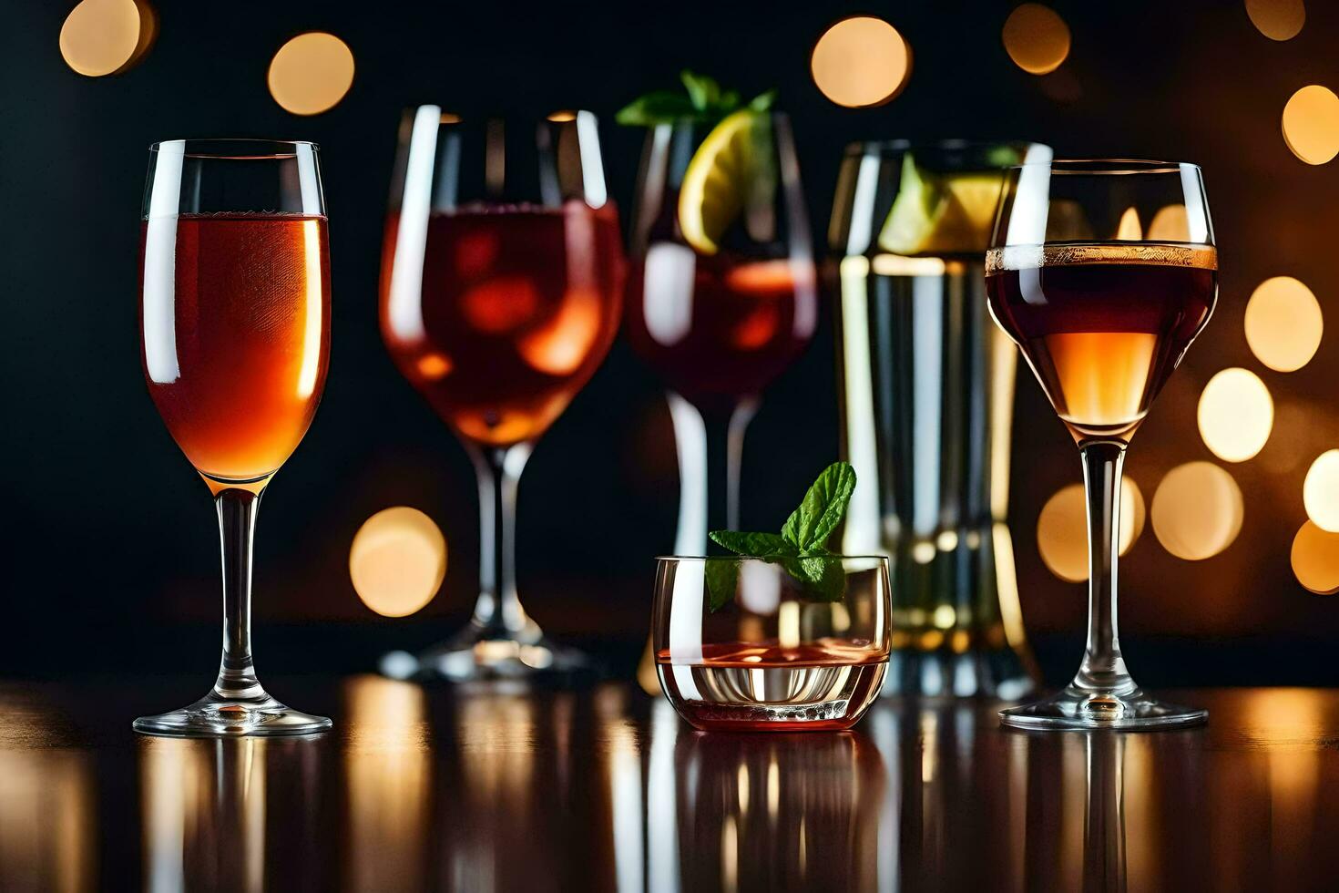 a group of glasses with different drinks on a table. AI-Generated photo
