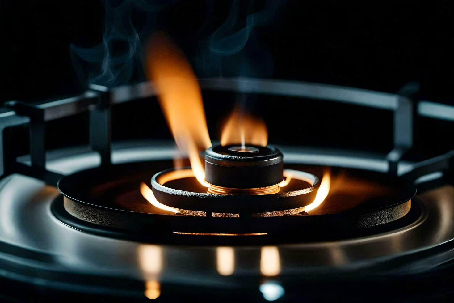 a close up of a gas stove with flames. AI-Generated photo