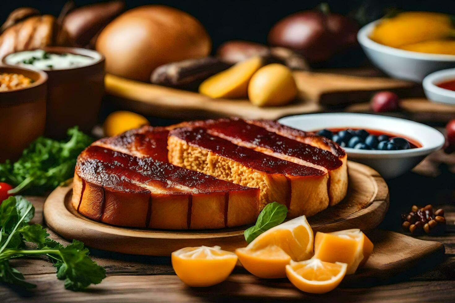 a slice of cake with meat and vegetables on a wooden table. AI-Generated photo