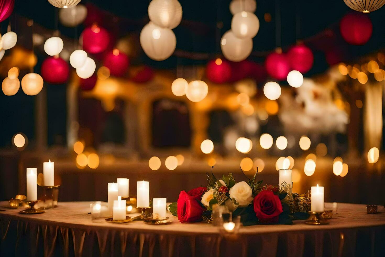 a table with candles and flowers in front of a red and white lanterns. AI-Generated photo