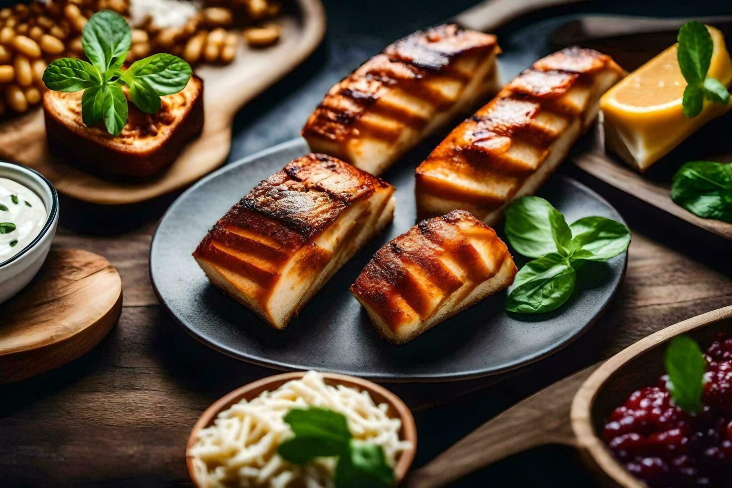 grilled salmon on a wooden table. AI-Generated photo