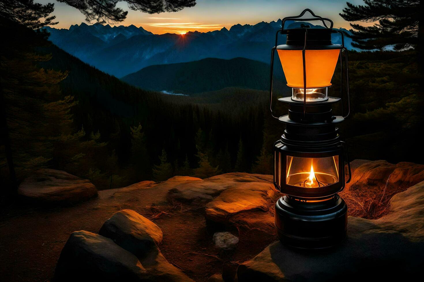 un antiguo linterna iluminado arriba en el montañas a puesta de sol. generado por ai foto