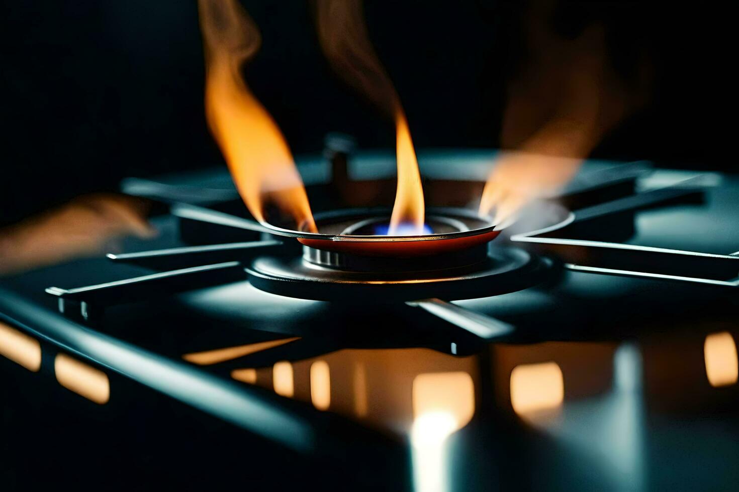 a close up of a gas stove with flames. AI-Generated photo
