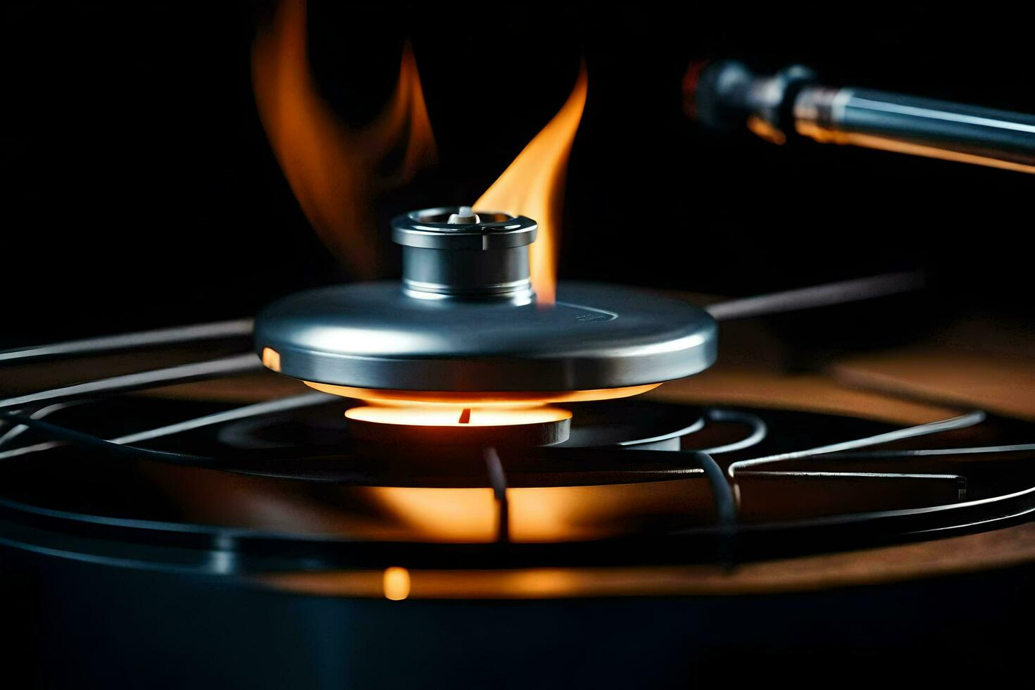 a gas burner on a stove with a flame. AI-Generated photo