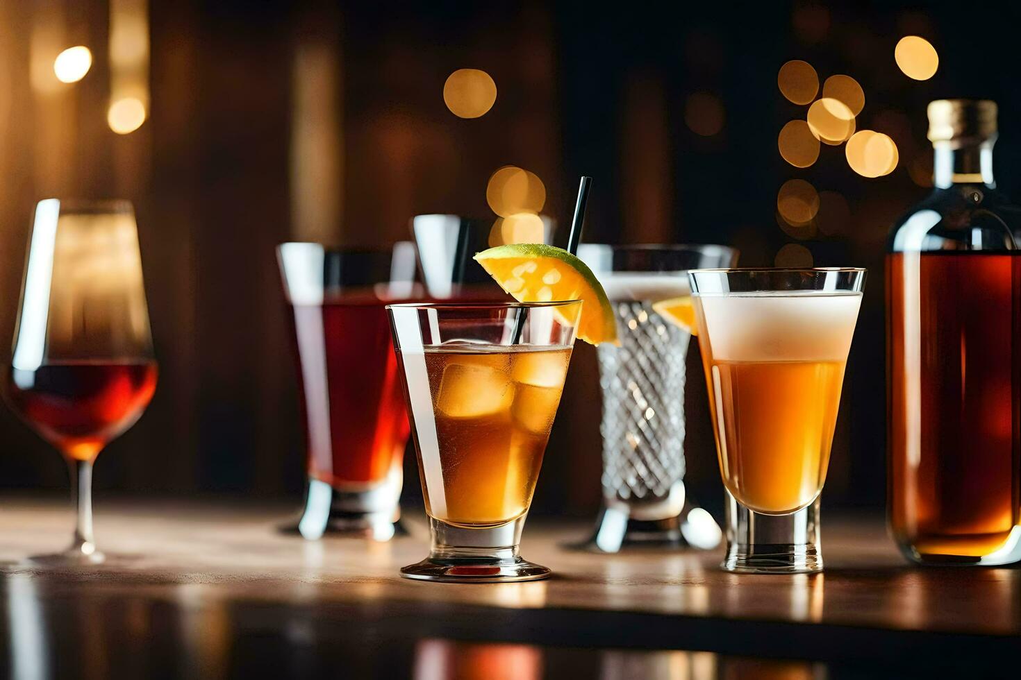 un grupo de diferente alcohólico bebidas en un mesa. generado por ai foto