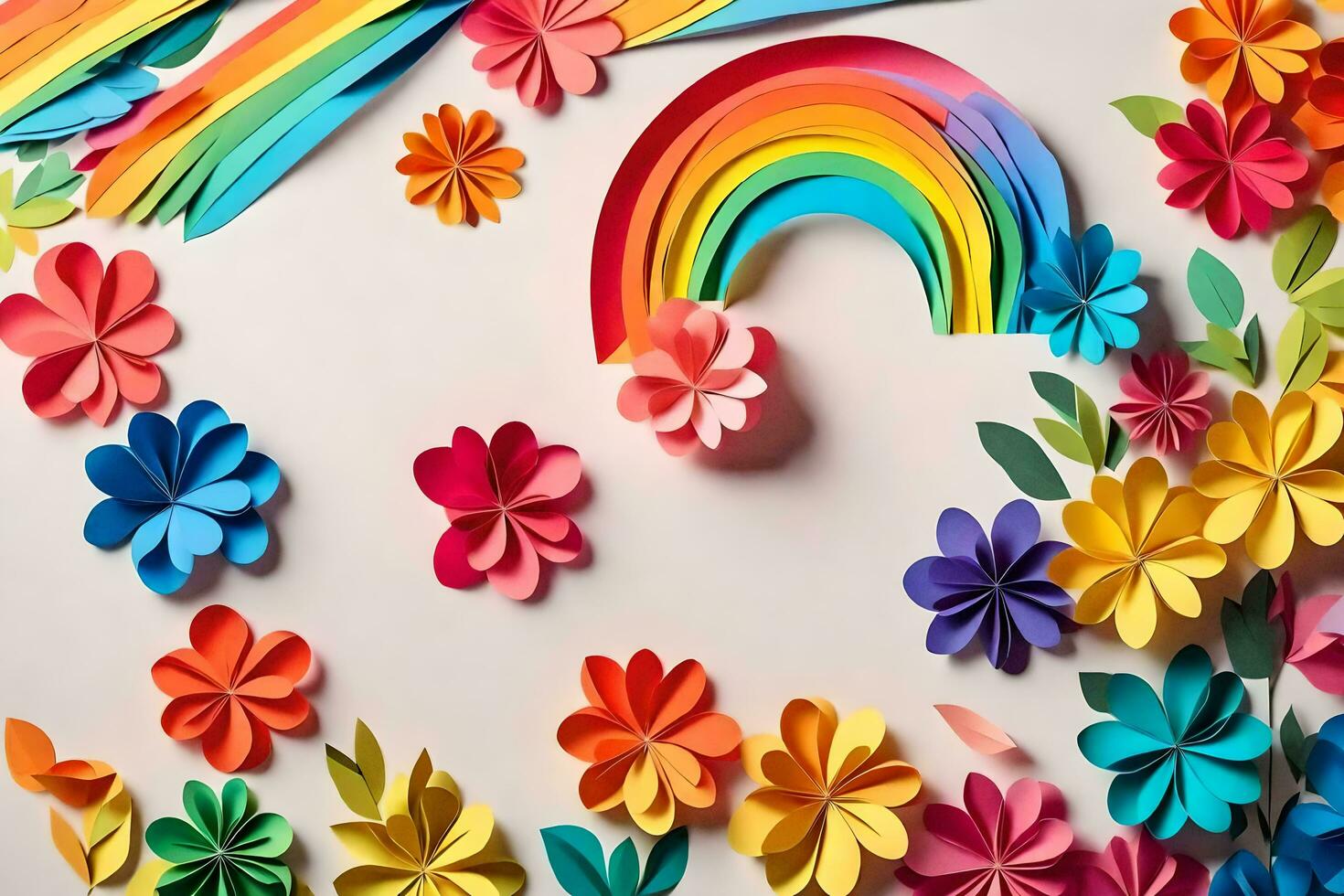 colorful paper flowers and rainbow are arranged on a white surface. AI-Generated photo